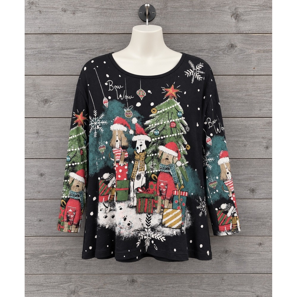 Jess & Jane Christmas Dog Graphic Top Black 3/4 Sleeve Size XL Holiday Tee